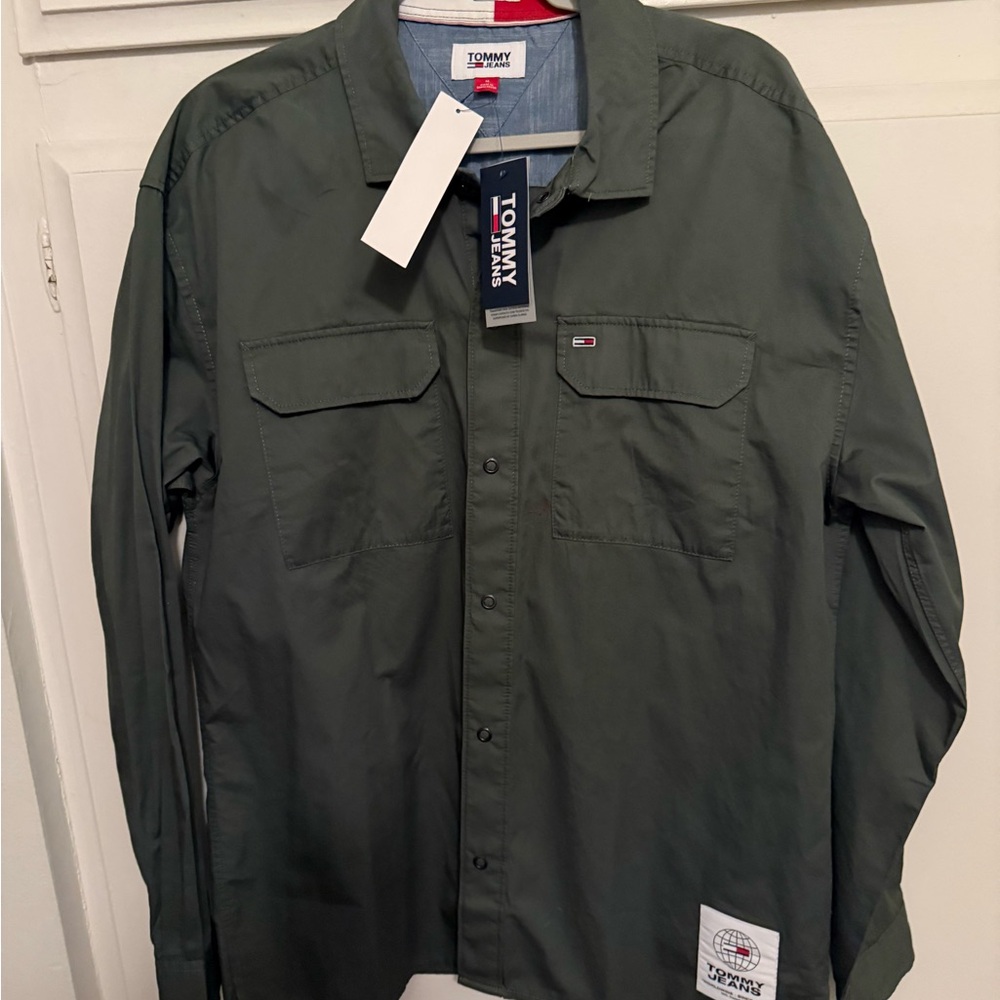 MEN TOMMY JEAN SHIRT JACKET ARMY GREEN NEW WITH TAGS